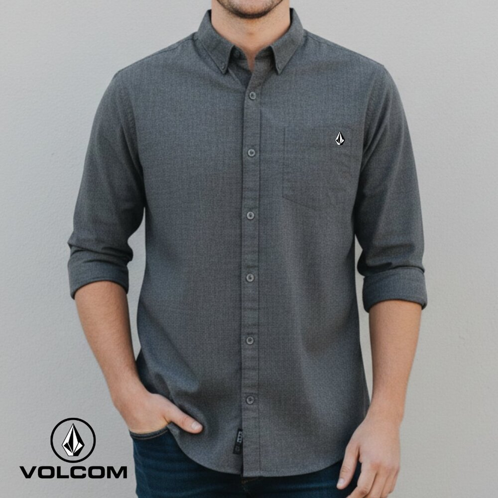 Volcom Men's Gray Long Sleeve Button Down Shirt Large Stone Logo Skate Surf L